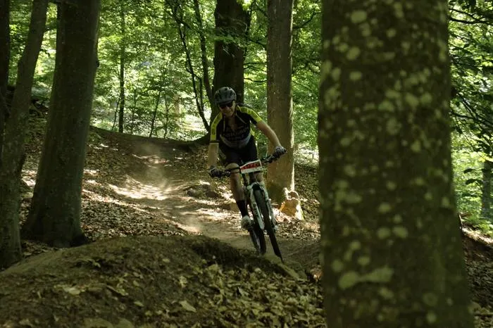 Stefan Steinweg zwischen den Bäumen auf dem Trail